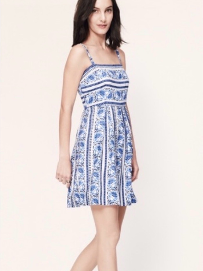 Loft Blue & White Printed Spaghetti-Strap Mini Dress